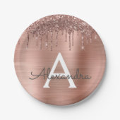 Rose Gold - Rosa Rosa Glitzer Metal Monogramm Name Pappteller (Vorderseite)