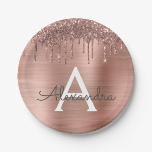 Rose Gold - Rosa Rosa Glitzer Metal Monogramm Name Pappteller