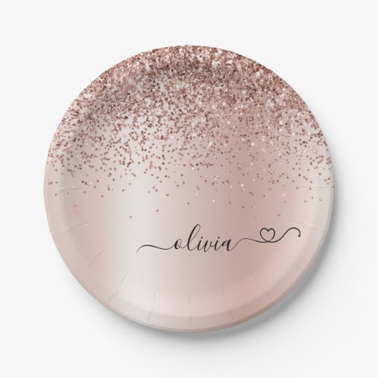 Rose Gold - Rosa Rosa Glitzer Metal Monogramm Name Pappteller (Vorderseite)
