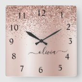 Rose Gold - Rosa Rosa Glitzer Metal Monogramm Name Quadratische Wanduhr (Vorderseite)