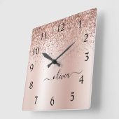 Rose Gold - Rosa Rosa Glitzer Metal Monogramm Name Quadratische Wanduhr (Winkel)