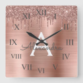 Rose Gold - Rosa Rosa Glitzer Metal Monogramm Name Quadratische Wanduhr (Vorderseite)