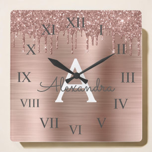 Rose Gold - Rosa Rosa Glitzer Metal Monogramm Name Quadratische Wanduhr