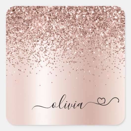 Rose Gold - Rosa Rosa Glitzer Metal Monogramm Name Quadratischer Aufkleber (Vorderseite)