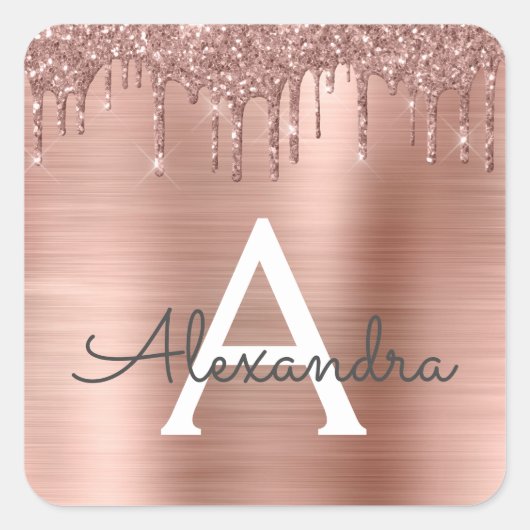 Rose Gold - Rosa Rosa Glitzer Metal Monogramm Name Quadratischer Aufkleber (Vorderseite)