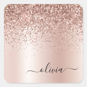 Rose Gold - Rosa Rosa Glitzer Metal Monogramm Name Quadratischer Aufkleber