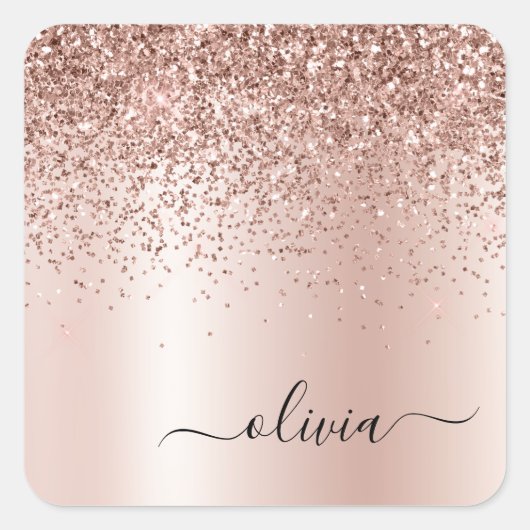 Rose Gold - Rosa Rosa Glitzer Metal Monogramm Name Quadratischer Aufkleber (Vorderseite)