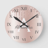 Rose Gold - Rosa Rosa Glitzer Metal Monogramm Name Runde Wanduhr (Vorderseite)