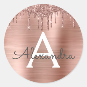 Rose Gold - Rosa Rosa Glitzer Metal Monogramm Name Runder Aufkleber