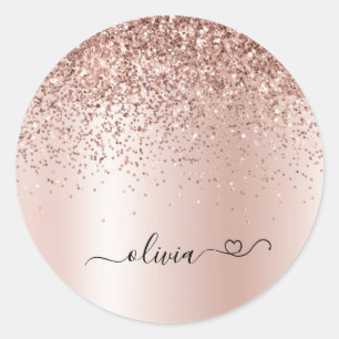 Rose Gold - Rosa Rosa Glitzer Metal Monogramm Name Runder Aufkleber