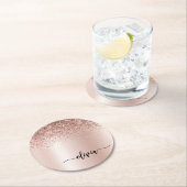 Rose Gold - Rosa Rosa Glitzer Metal Monogramm Name Runder Pappuntersetzer (Vor Ort)