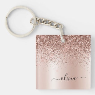 Rose Gold - Rosa Rosa Glitzer Metal Monogramm Name Schlüsselanhänger