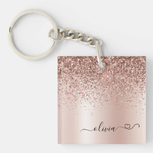 Rose Gold - Rosa Rosa Glitzer Metal Monogramm Name Schlüsselanhänger