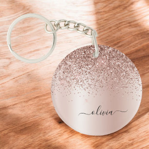 Rose Gold - Rosa Rosa Glitzer Metal Monogramm Name Schlüsselanhänger
