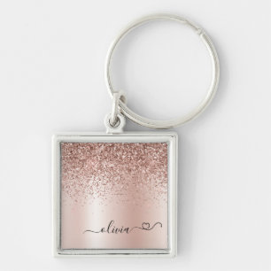 Rose Gold - Rosa Rosa Glitzer Metal Monogramm Name Schlüsselanhänger