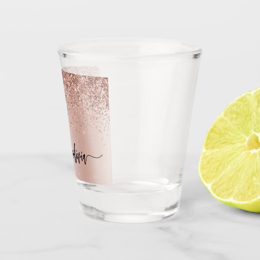 Rose Gold - Rosa Rosa Glitzer Metal Monogramm Name Schnapsglas (Rechts)