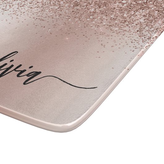 Rose Gold - Rosa Rosa Glitzer Metal Monogramm Name Schneidebrett (Ecke)