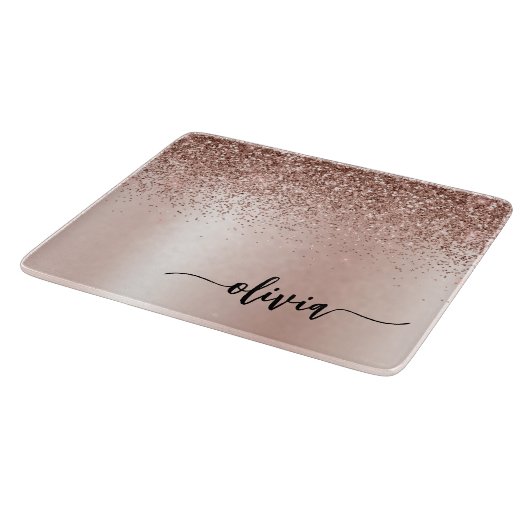Rose Gold - Rosa Rosa Glitzer Metal Monogramm Name Schneidebrett (Ecke)