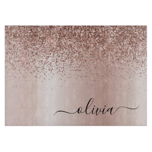 Rose Gold - Rosa Rosa Glitzer Metal Monogramm Name Schneidebrett (Vorderseite)
