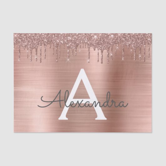 Rose Gold - Rosa Rosa Glitzer Metal Monogramm Name Seidenpapier (Vorderseite)