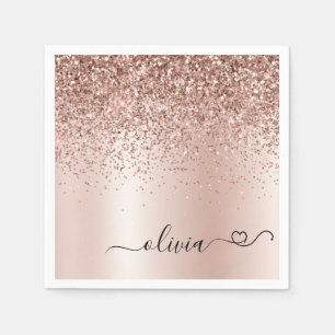 Rose Gold - Rosa Rosa Glitzer Metal Monogramm Name Serviette