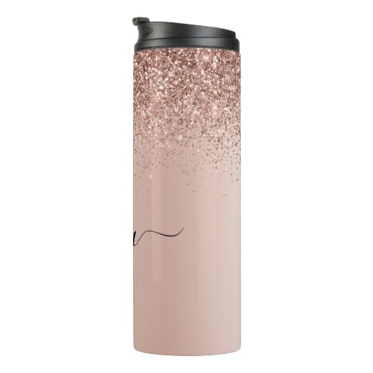 Rose Gold - Rosa Rosa Glitzer Metal Monogramm Name Thermosbecher (Nach rechts gedreht)