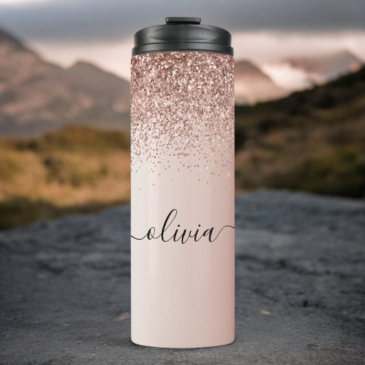Rose Gold - Rosa Rosa Glitzer Metal Monogramm Name Thermosbecher
