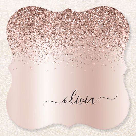 Rose Gold - Rosa Rosa Glitzer Metal Monogramm Name Untersetzer (Vorderseite)