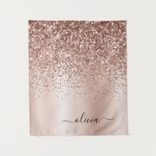Rose Gold - Rosa Rosa Glitzer Metal Monogramm Name Wandteppich