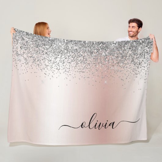 Rose Gold - Rosa Rosa Glitzer Silber Monogramm Fleecedecke (Beispiel)