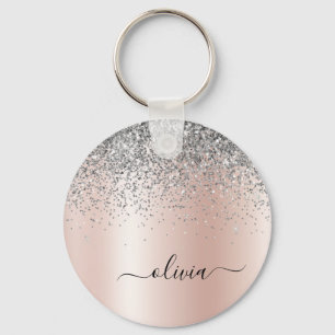 Rose Gold - Rosa Rosa Glitzer Silber Monogramm Schlüsselanhänger