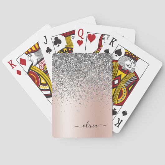 Rose Gold - Rosa Rosa Glitzer Silber Monogramm Spielkarten (Rückseite)