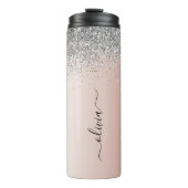 Rose Gold - Rosa Rosa Glitzer Silber Monogramm Thermosbecher (Vorderseite)