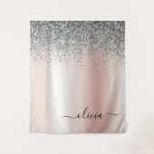 Rose Gold - Rosa Rosa Glitzer Silber Monogramm Wandteppich (Vorderseite)