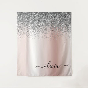 Rose Gold - Rosa Rosa Glitzer Silber Monogramm Wandteppich