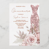 Rose Gold, Rosa Rosa Kleid Quinceanera Real Folieneinladung (Vorderseite)