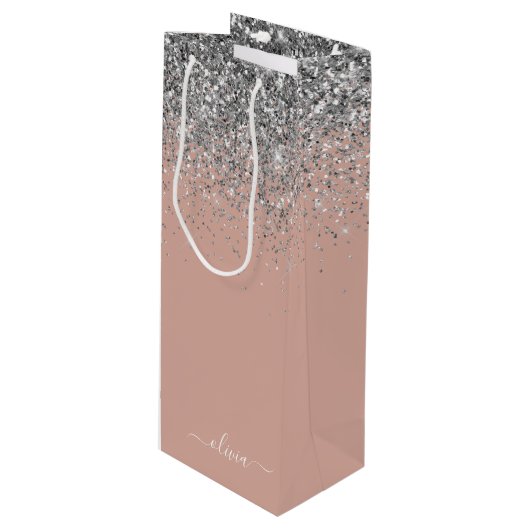 Rose Gold Rosa Rosa Silberne Glitzer Monogram Girl Geschenktüte Für Weinflaschen (Vorderseite Schrägansicht)