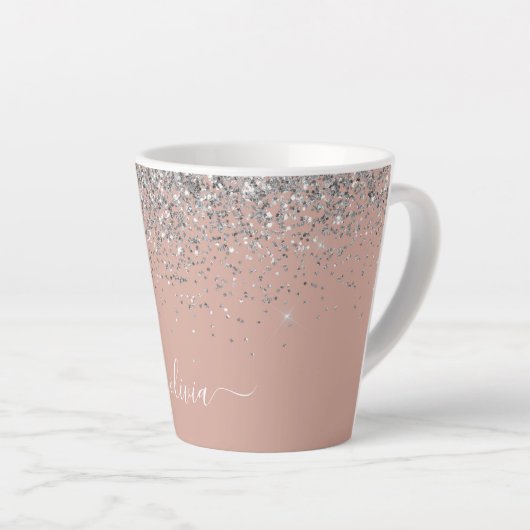 Rose Gold Rosa Rosa Silberne Glitzer Monogram Girl Milchtasse (Rechte Ecke)