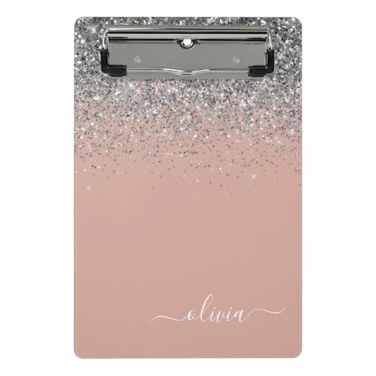Rose Gold Rosa Rosa Silberne Glitzer Monogram Girl Mini Klemmbrett (Vorderseite)