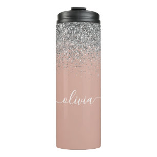 Rose Gold Rosa Rosa Silberne Glitzer Monogram Girl Thermosbecher