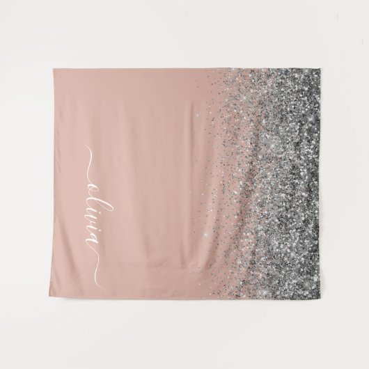 Rose Gold Rosa Rosa Silberne Glitzer Monogram Girl Wandteppich (Vorderseite (Horizontal))