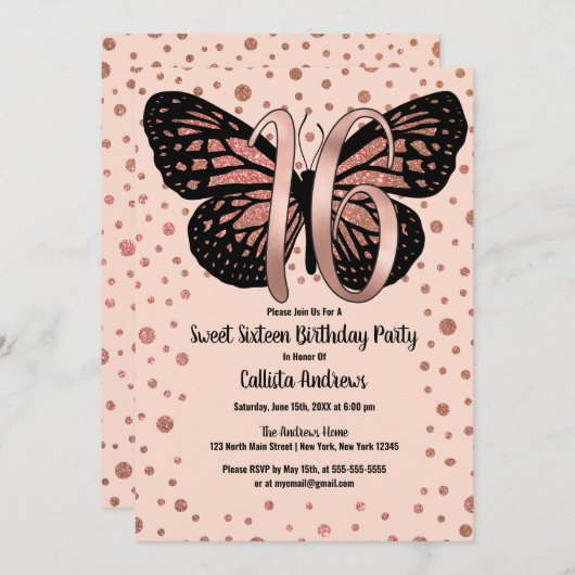 Rose Gold Rosa Schmetterling Glitzer Confetti Swee Einladung (Vorne/Hinten)