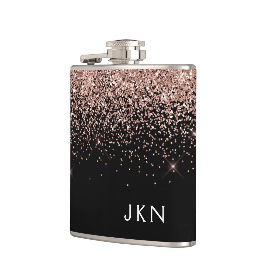 Rose Gold Rosa Schwarzer Glitzer Monogramm Flachmann (Links)