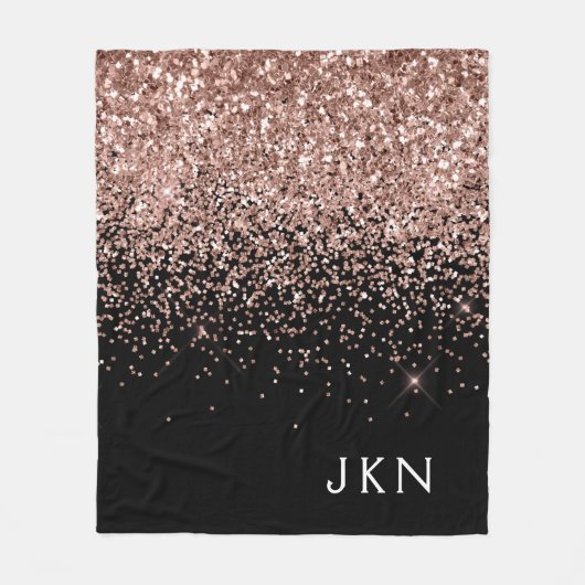 Rose Gold Rosa Schwarzer Glitzer Monogramm Fleecedecke (Vorderseite)