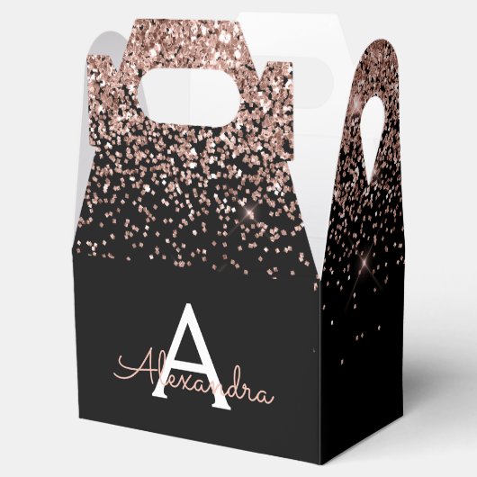 Rose Gold Rosa Schwarzer Glitzer Monogramm Geschenkschachtel (Geöffnet)