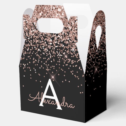 Rose Gold Rosa Schwarzer Glitzer Monogramm Geschenkschachtel (Geöffnet)