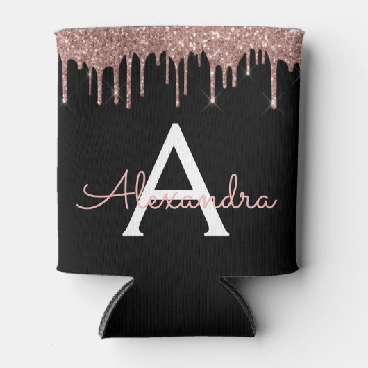 Rose Gold - Rosa Schwarzer Glitzer Monogramm Name Dosenkühler (Vorderseite)