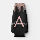 Rose Gold - Rosa Schwarzer Glitzer Monogramm Name Flaschenkühler (Vorderseite)