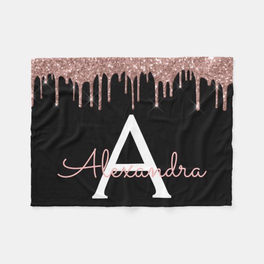 Rose Gold - Rosa Schwarzer Glitzer Monogramm Name Fleecedecke (Vorderseite (Horizontal))