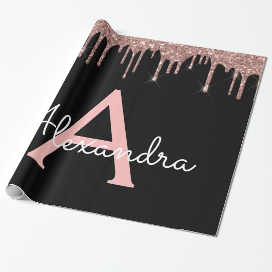 Rose Gold - Rosa Schwarzer Glitzer Monogramm Name Geschenkpapier (Ungerollt)